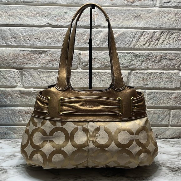 Coach Op Art Canvas Shoulder Bag 13880 Beige Gold Metallic In GUC. - Picture 7 of 14